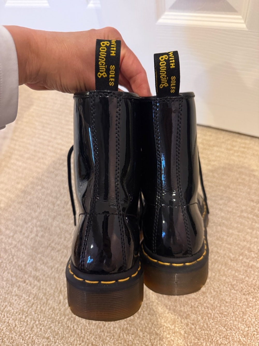 Dr. Martens Black Patent Lace-Up Boots with Yellow Stitching - Picture 4 of 6